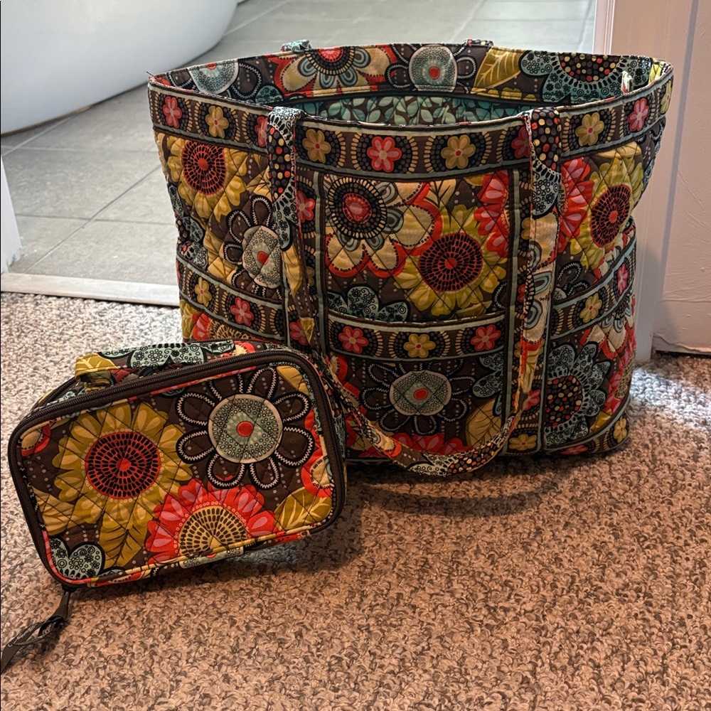 Vera Bradley Quilted Floral Tote Bag and Matching Makeup Bag